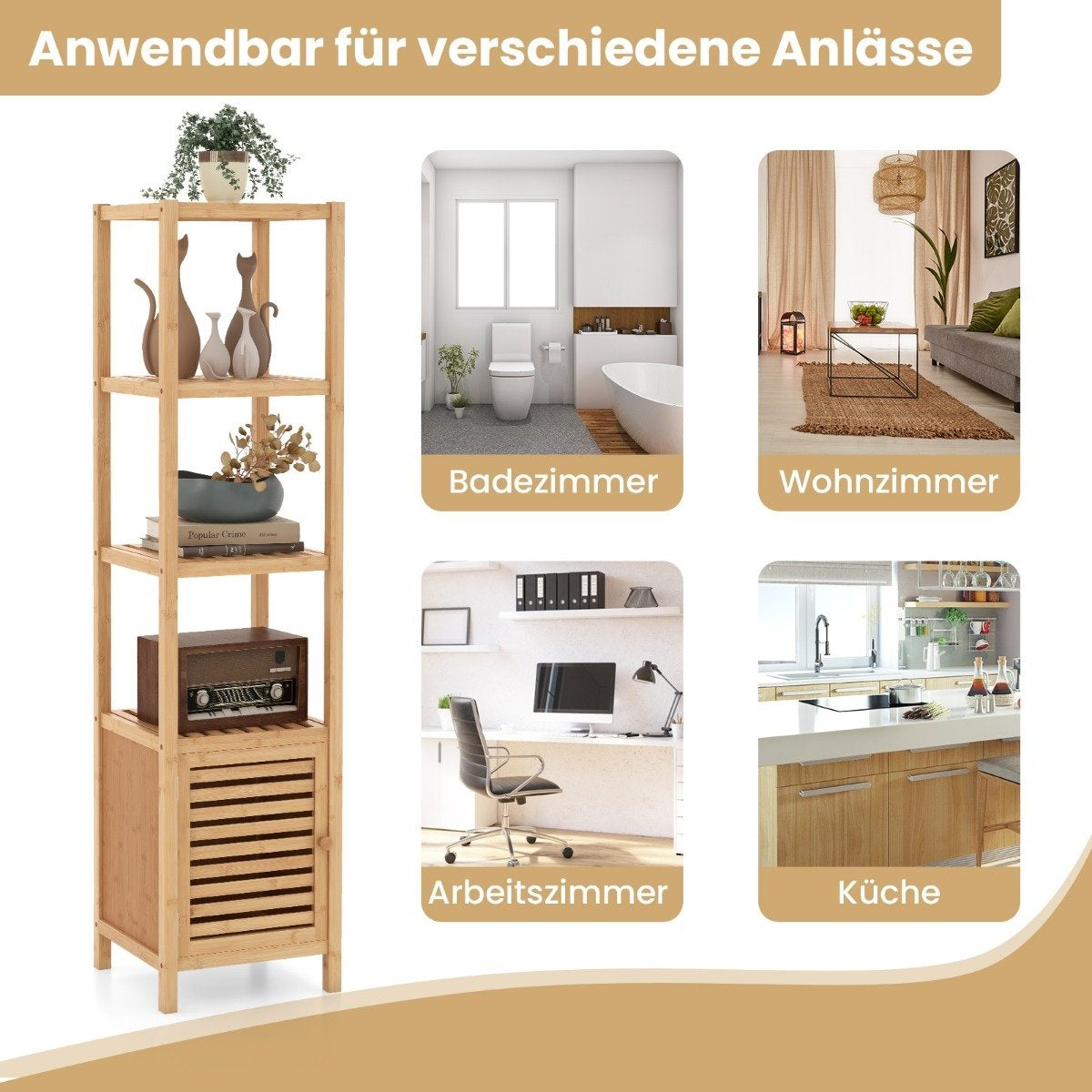 Bamboo bathroom shelf with 4 levels of shelves and slatted door 34 x 33 x 140 cm natural