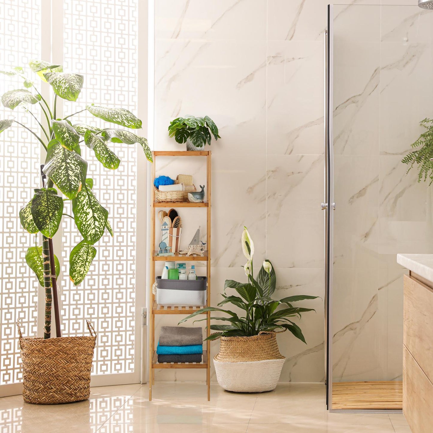 Bamboo bathroom shelf with 5 shelves