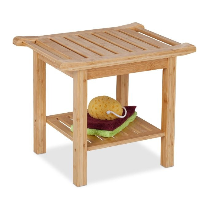 Bamboo bathroom stool with handle and shelf
