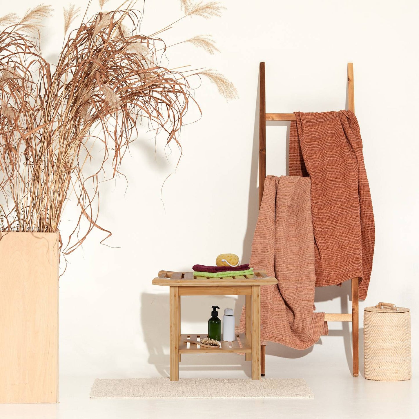 Bamboo bathroom stool with handle and shelf