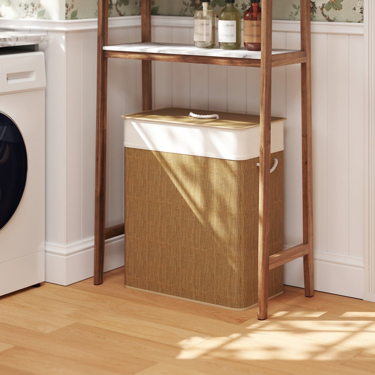 Bamboo laundry basket with lid, 2 compartments, 100 L laundry collector with rope handles, removable laundry bag
