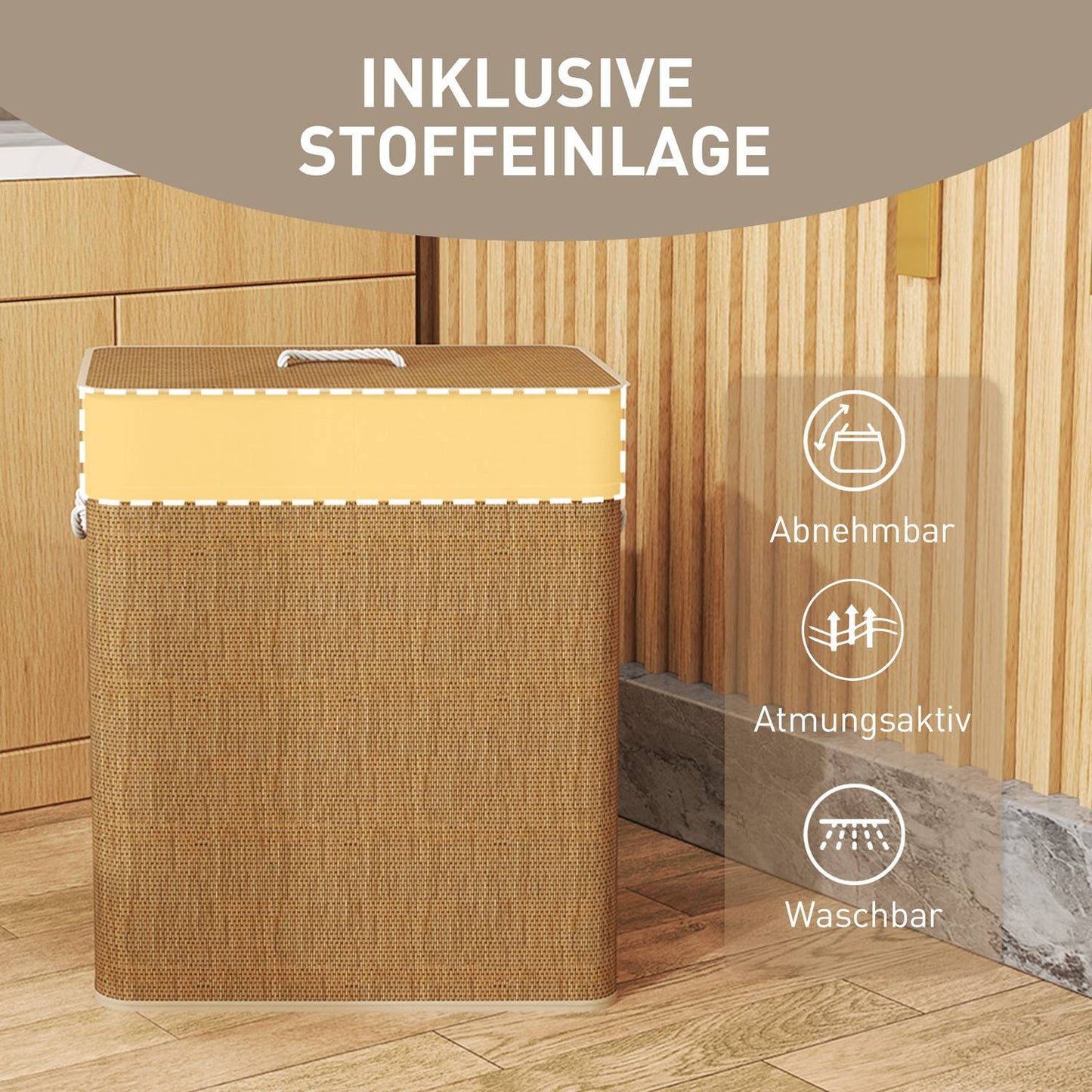 Bamboo laundry basket with lid, 2 compartments, 100 L laundry collector with rope handles, removable laundry bag