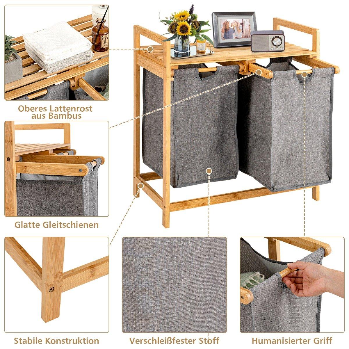 Bamboo laundry basket with two compartments 2-part laundry basket 64 x 33 x 73 cm Natural