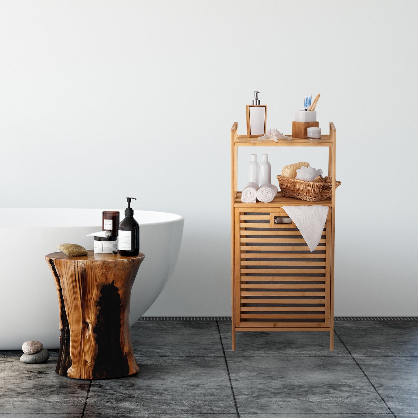 Bamboo laundry hamper with shelf
