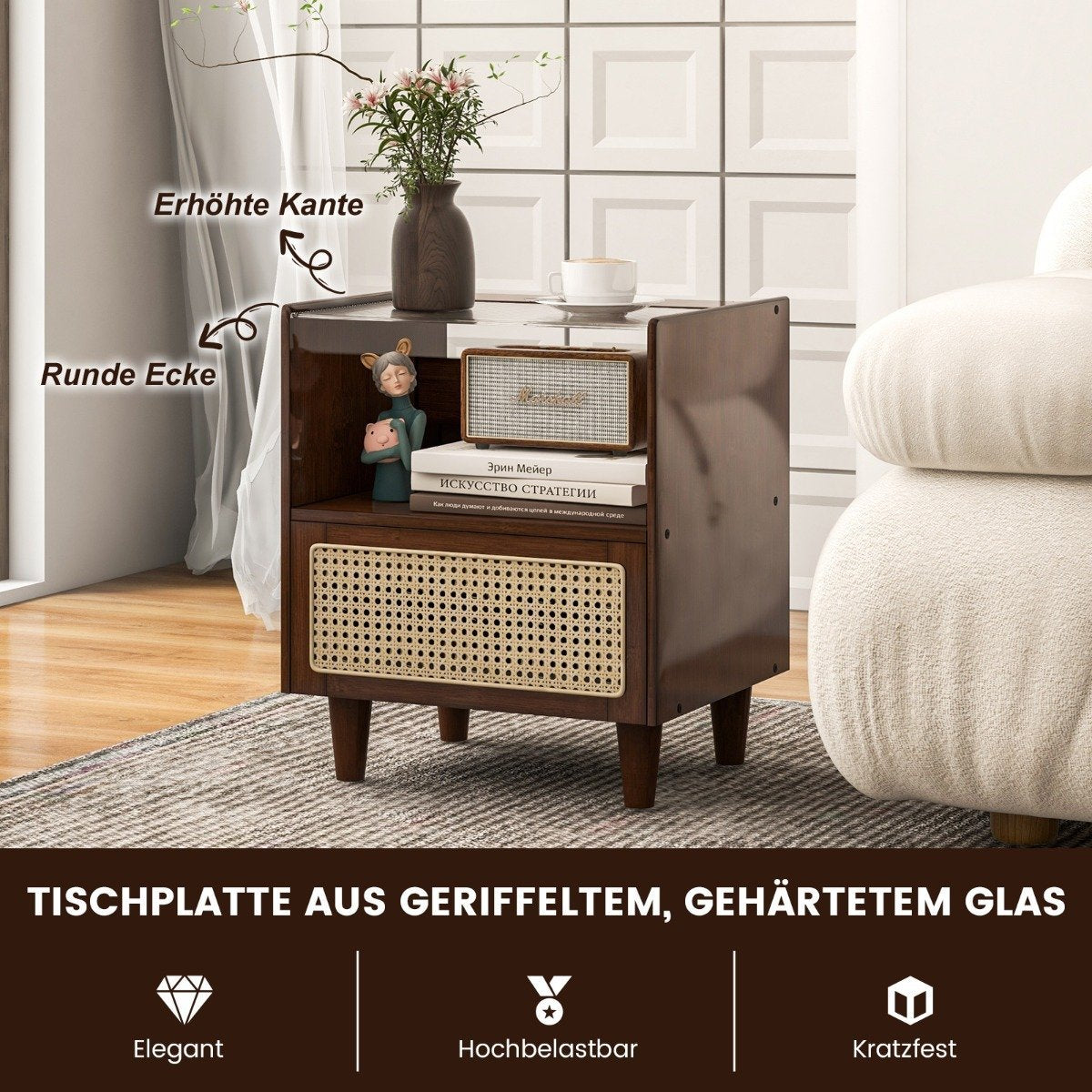 Bamboo & rattan bedside table with drawer and solid wood legs. Side table with hidden storage space. Brown