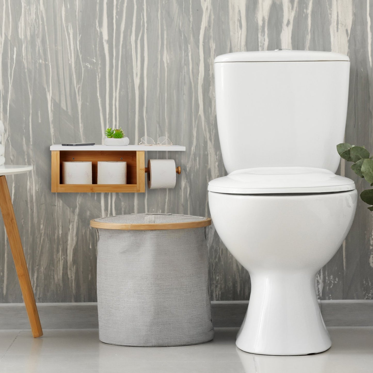 Bamboo toilet paper holder with shelf