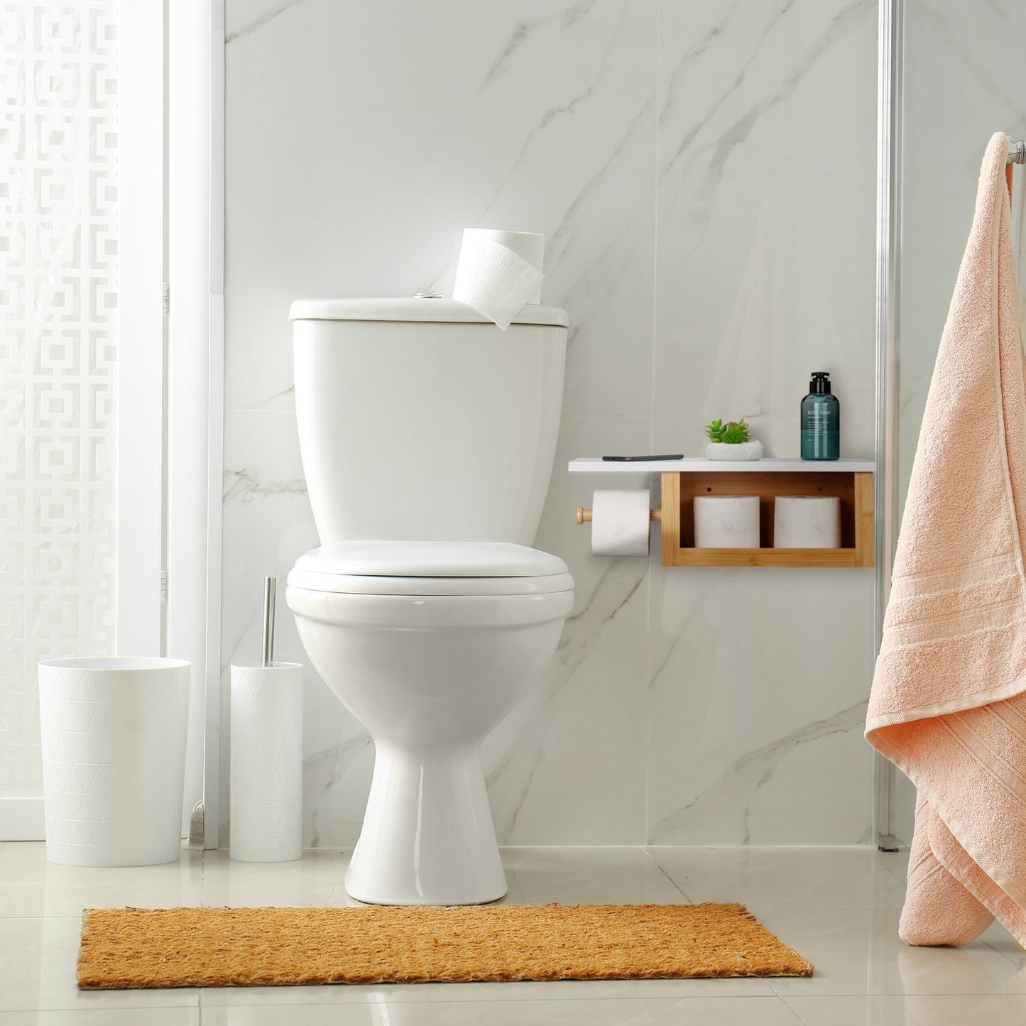 Bamboo toilet paper holder with shelf