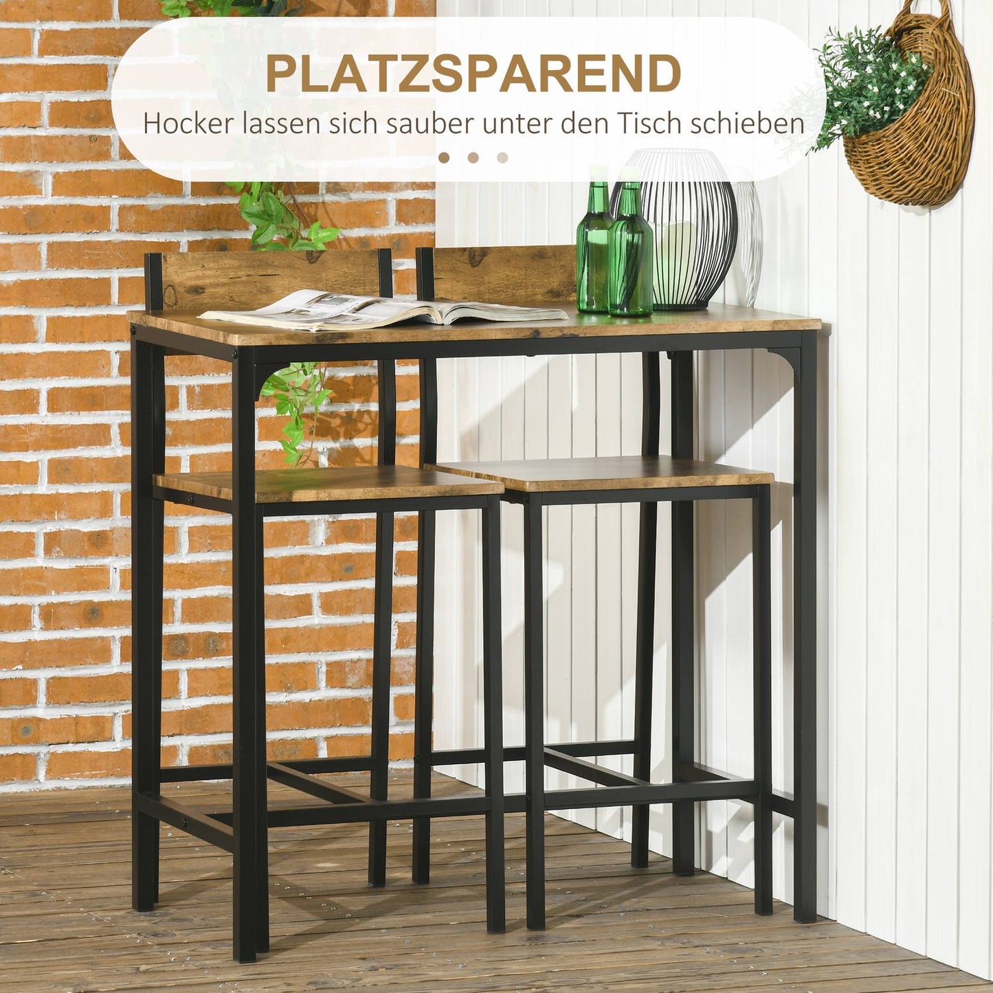 Bar Set with Table & 2 Stools, MDF & Metal, Brown