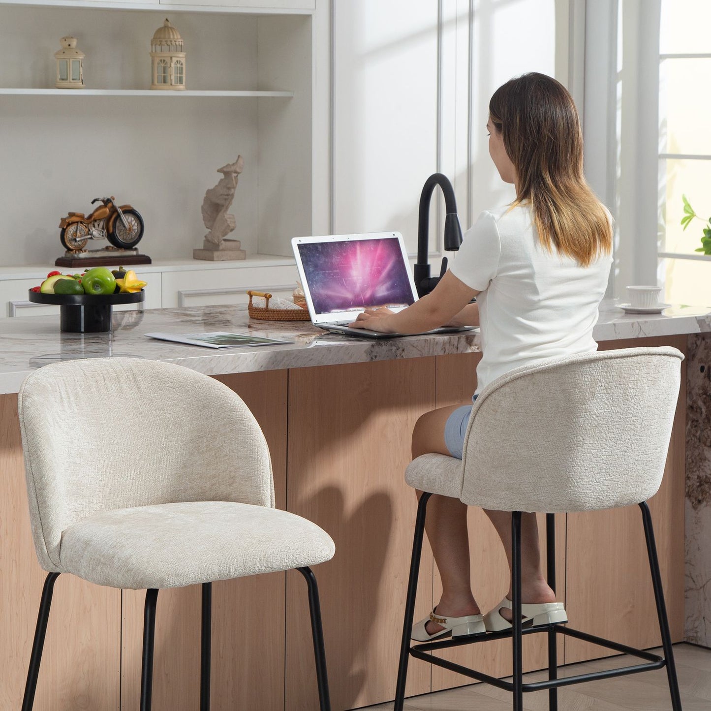 Bar Stools Set of 2, Backrest & Footrest, Beige