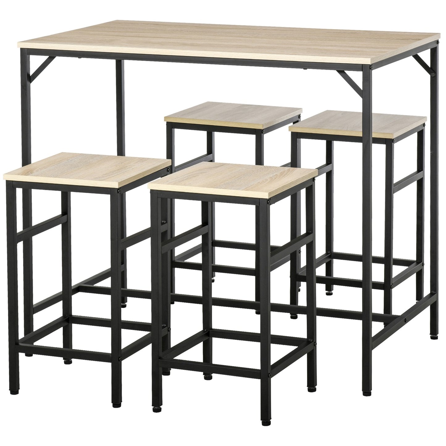 5-piece bar table set, steel frame, oak finish