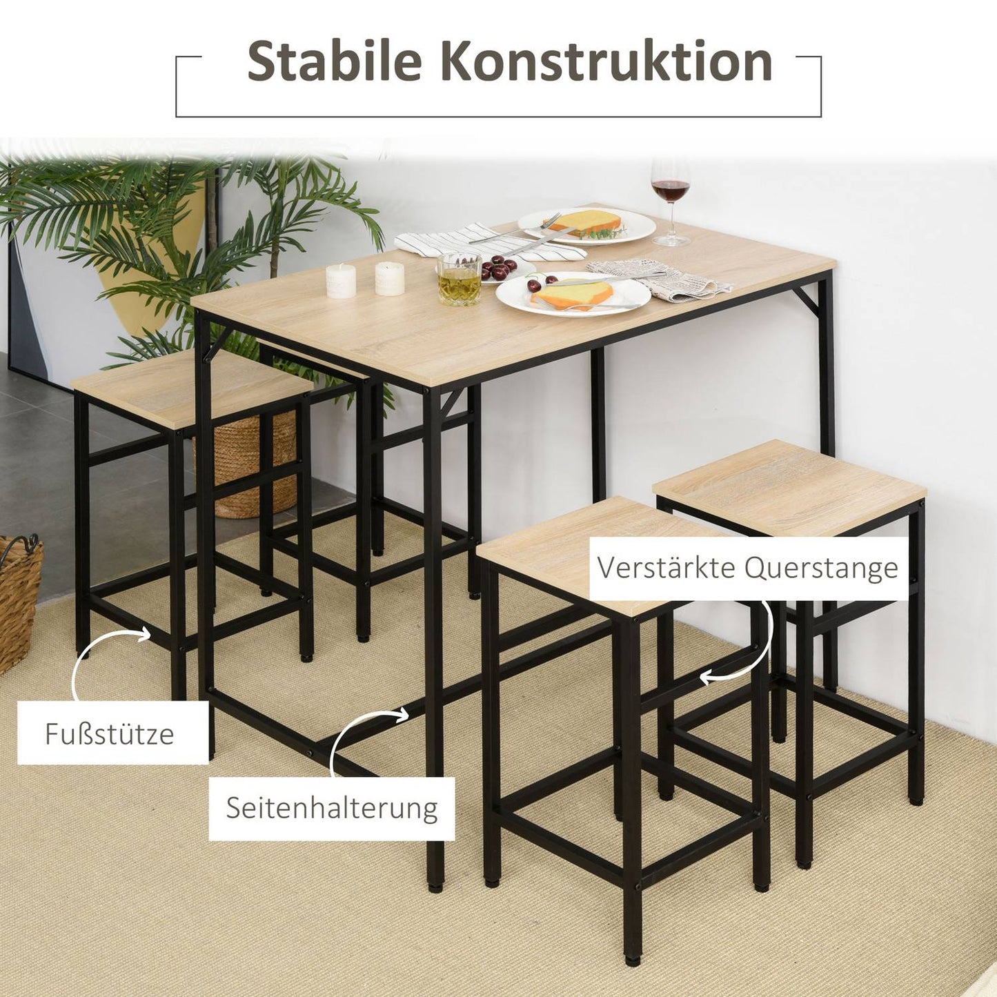 5-piece bar table set, steel frame, oak finish
