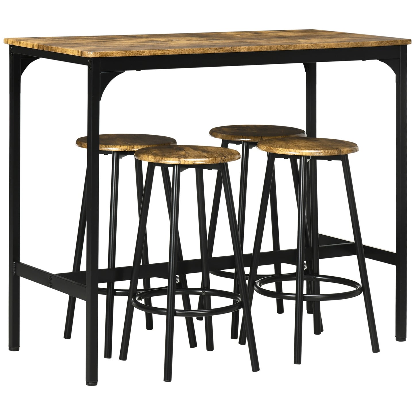 Industrial bar table set with 4 stools, rustic brown