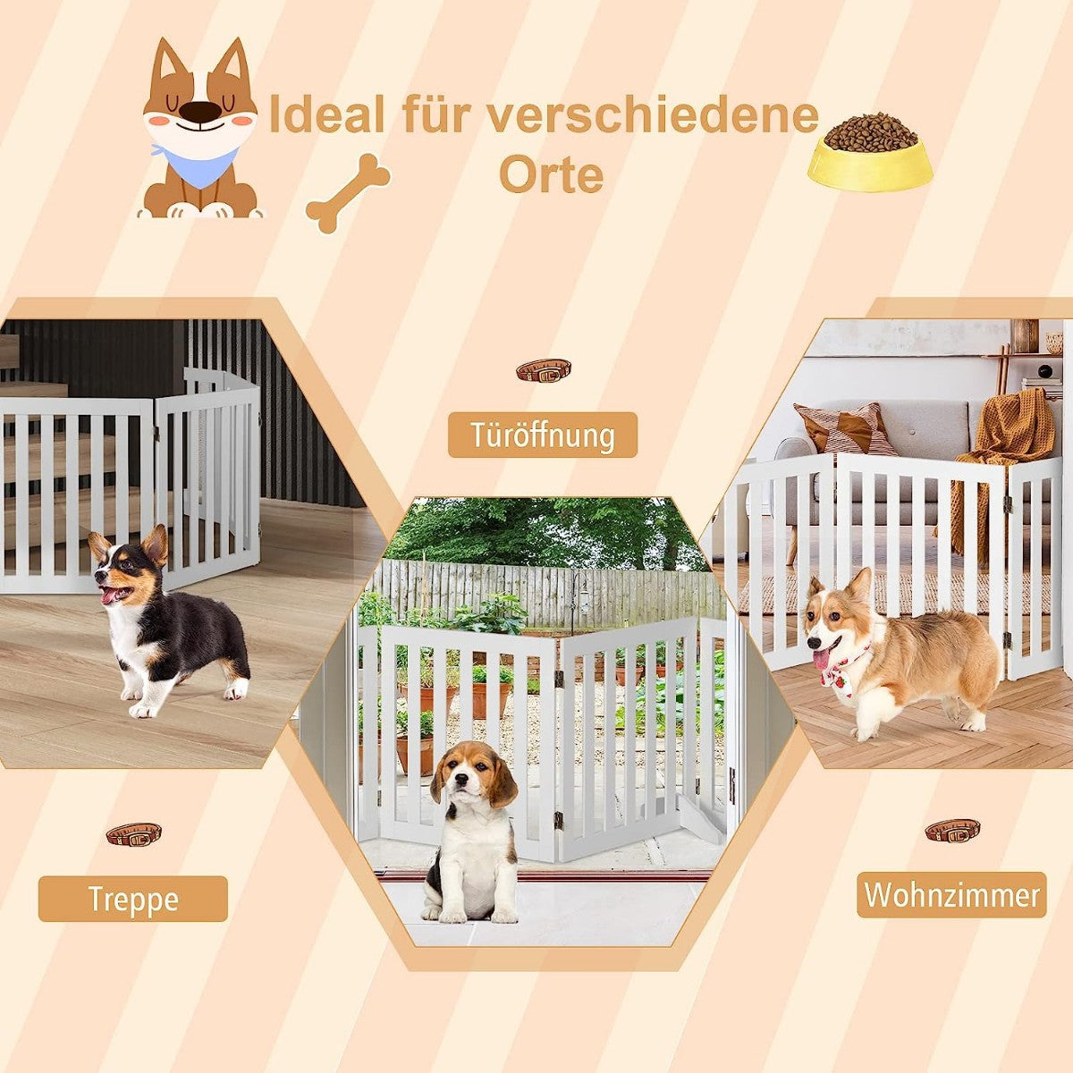 Barrier gate for dogs, 60 cm high, protective gate made of wood, foldable, 3 panels, white