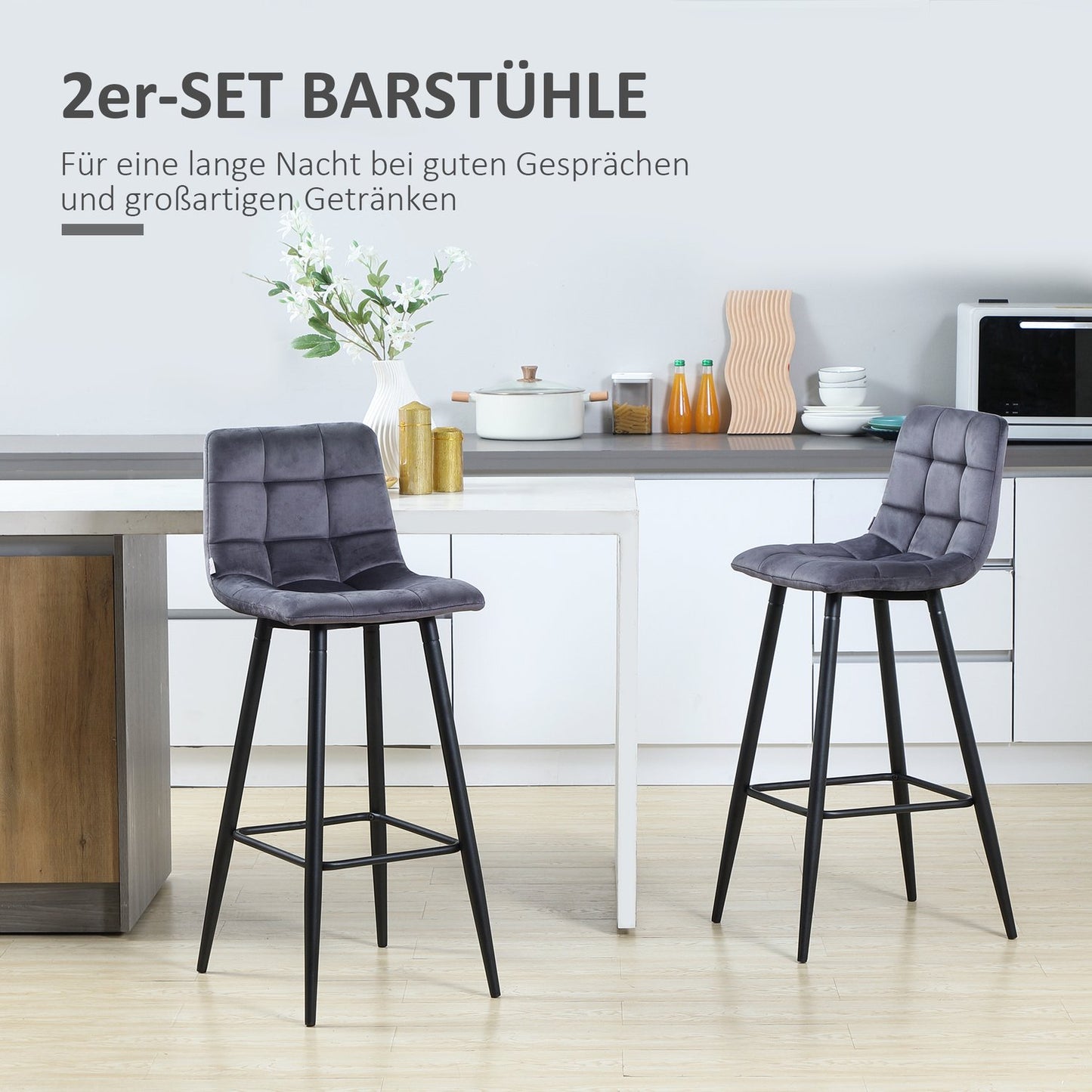 Modern steel bar stool set, velvet, non-slip, 2-pack, gray