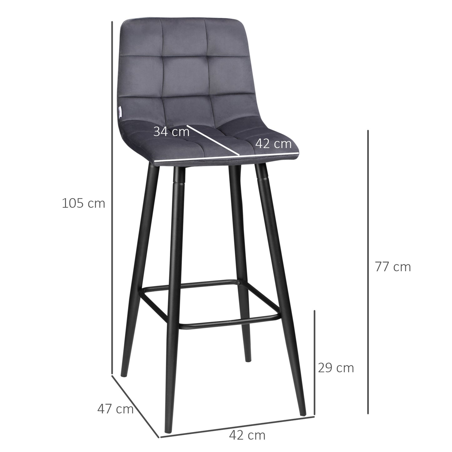 Modern steel bar stool set, velvet, non-slip, 2-pack, gray