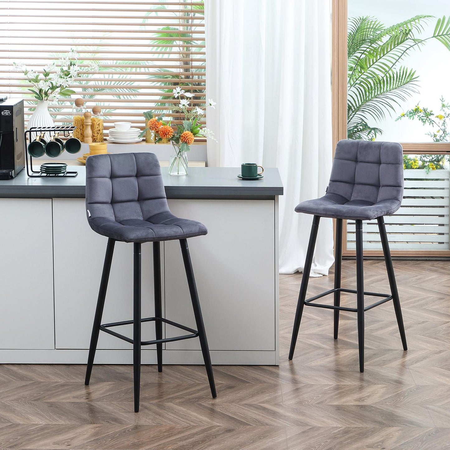 Modern steel bar stool set, velvet, non-slip, 2-pack, gray