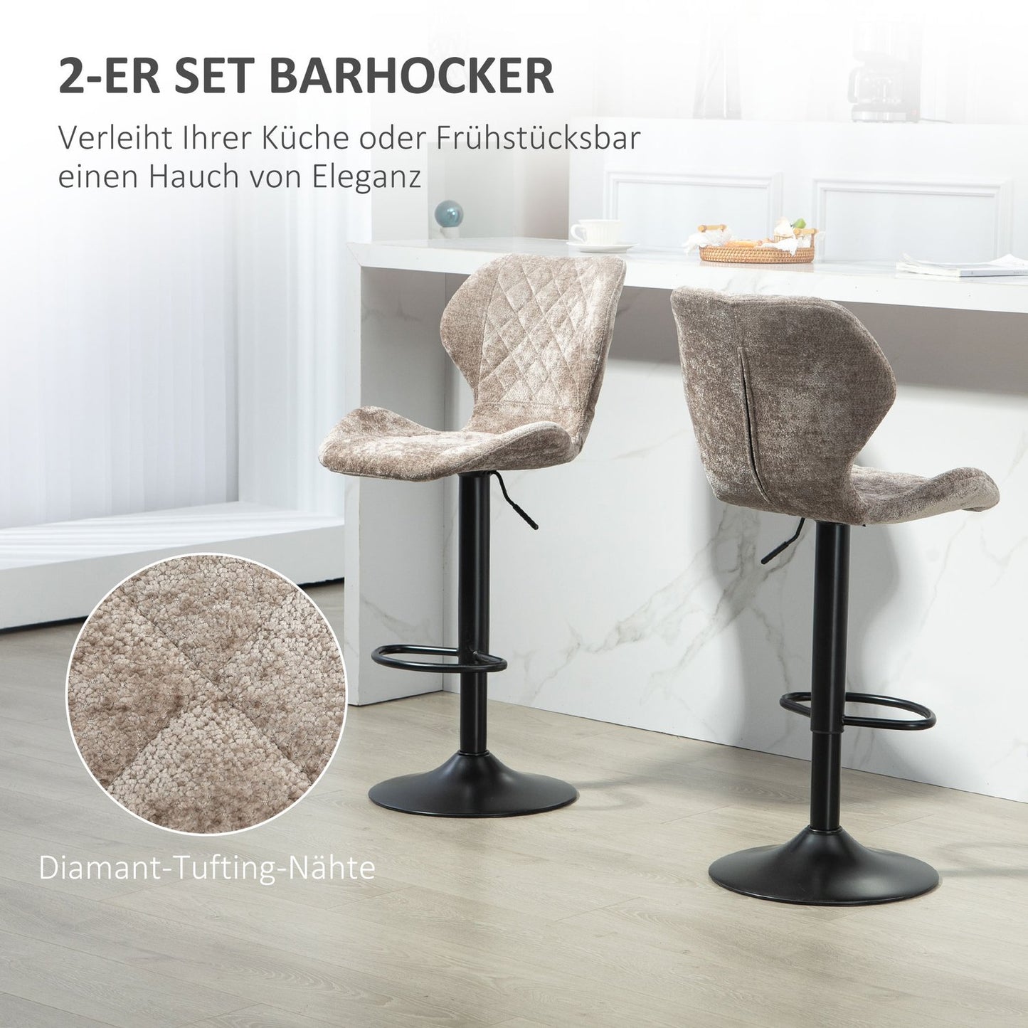 Adjustable brown chenille bar stools, 360° rotatable, set of 2