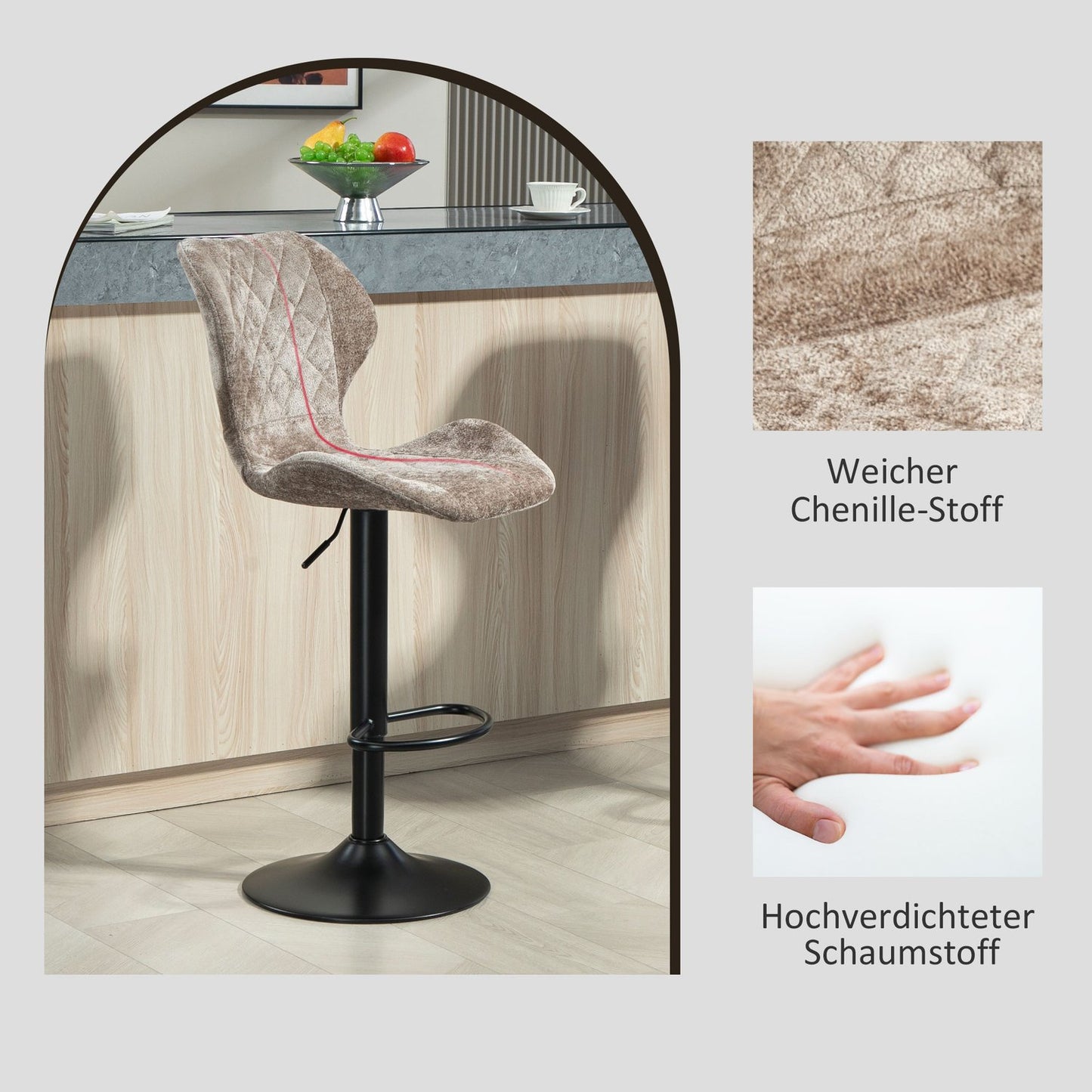 Adjustable brown chenille bar stools, 360° rotatable, set of 2