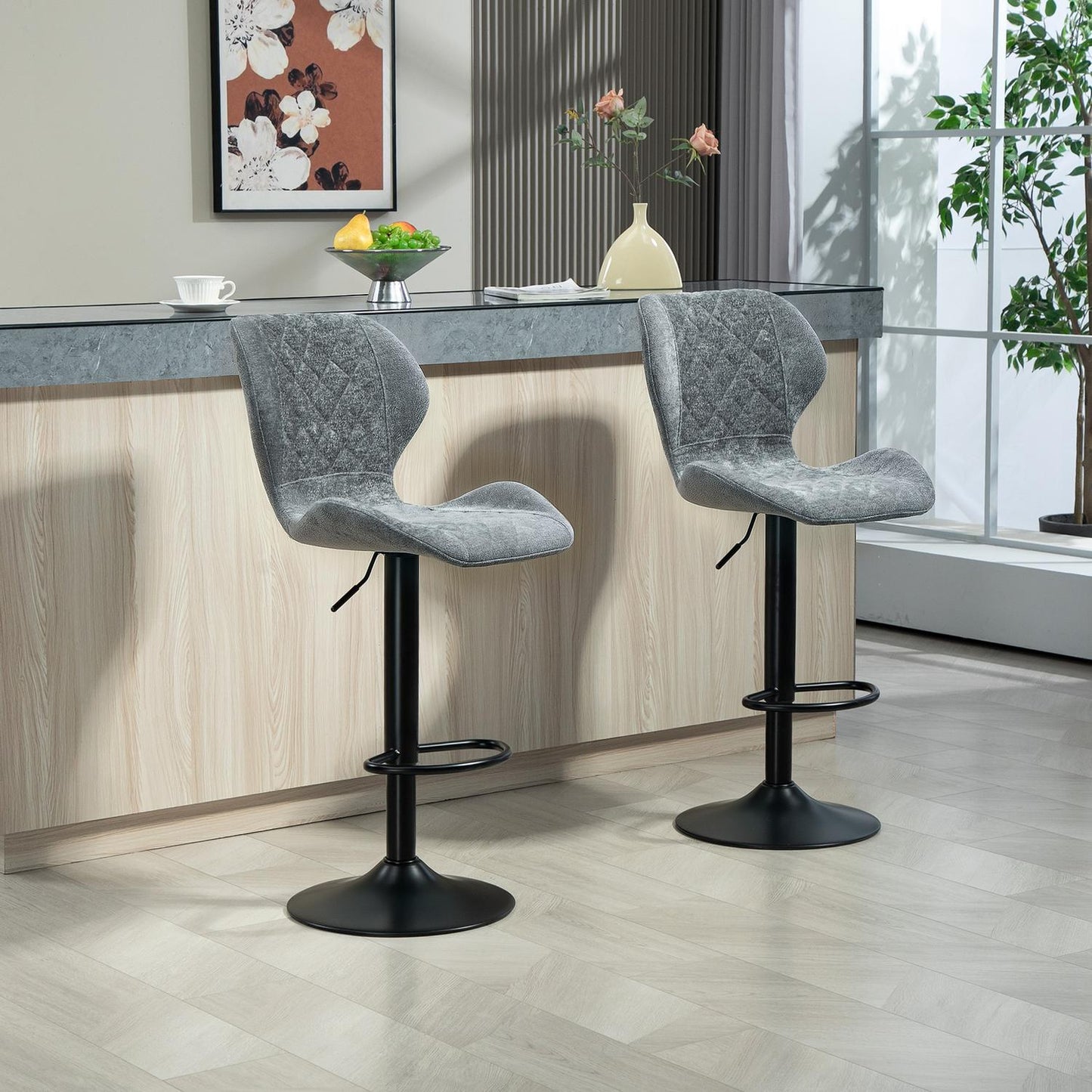 Adjustable Bar Stool Set of 2 - Upholstered Gray Swivel Stools