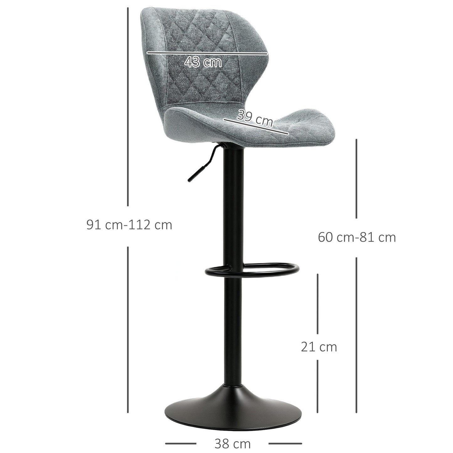 Adjustable Bar Stool Set of 2 - Upholstered Gray Swivel Stools