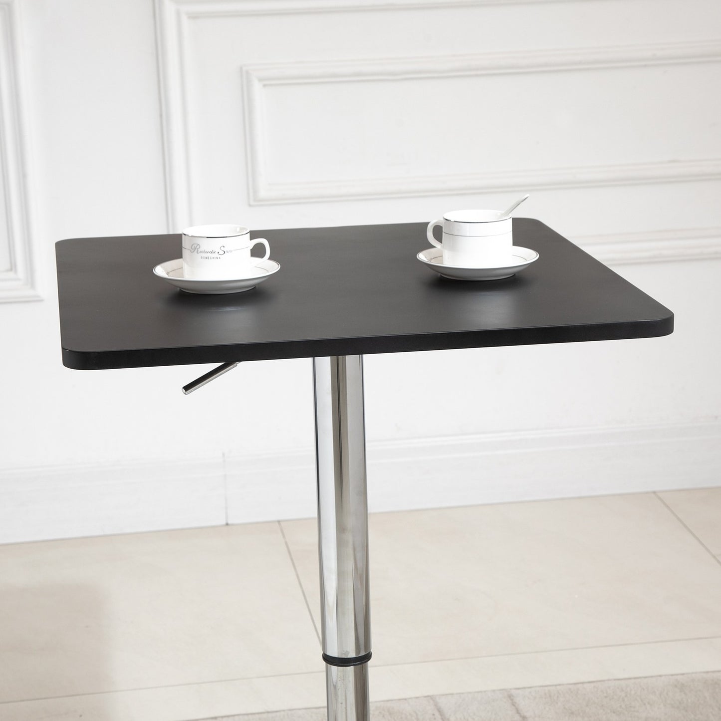 Height-adjustable pole table, rotating table top, black