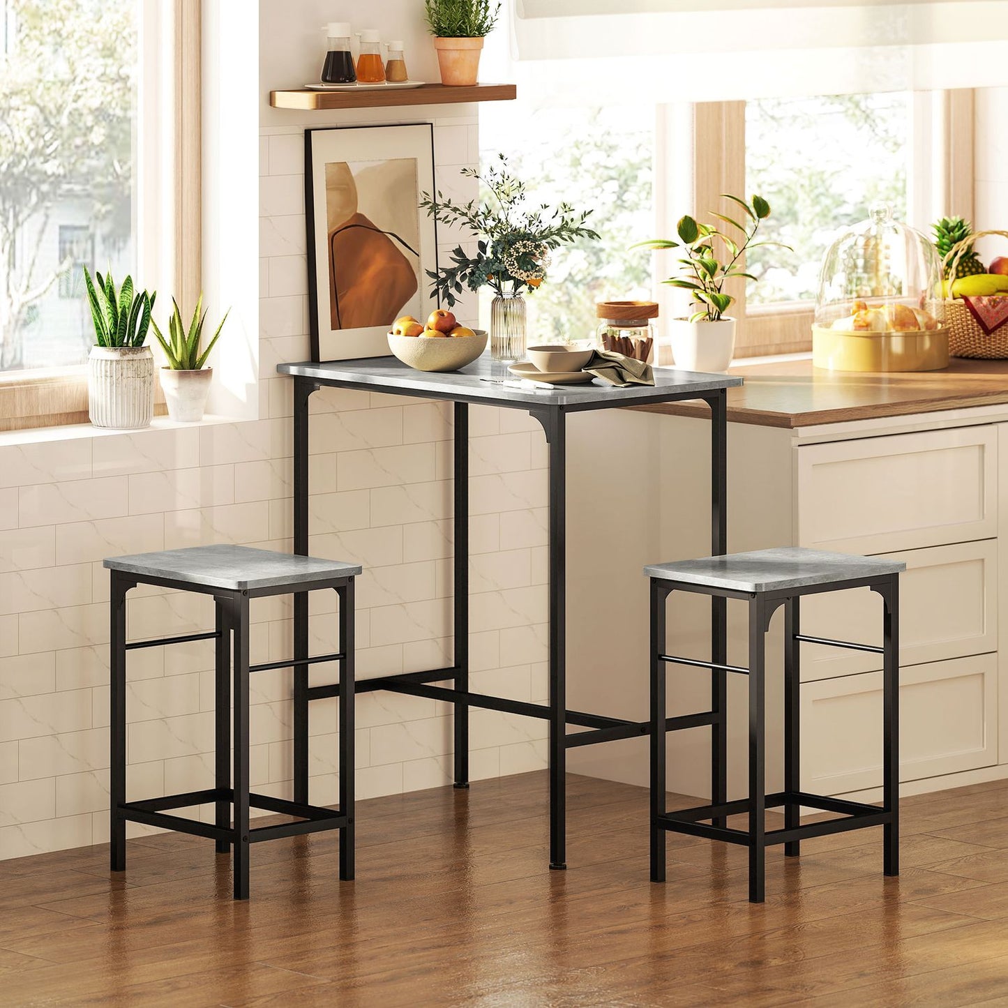 Bar Table Set with 2 Stools, Grey Finish