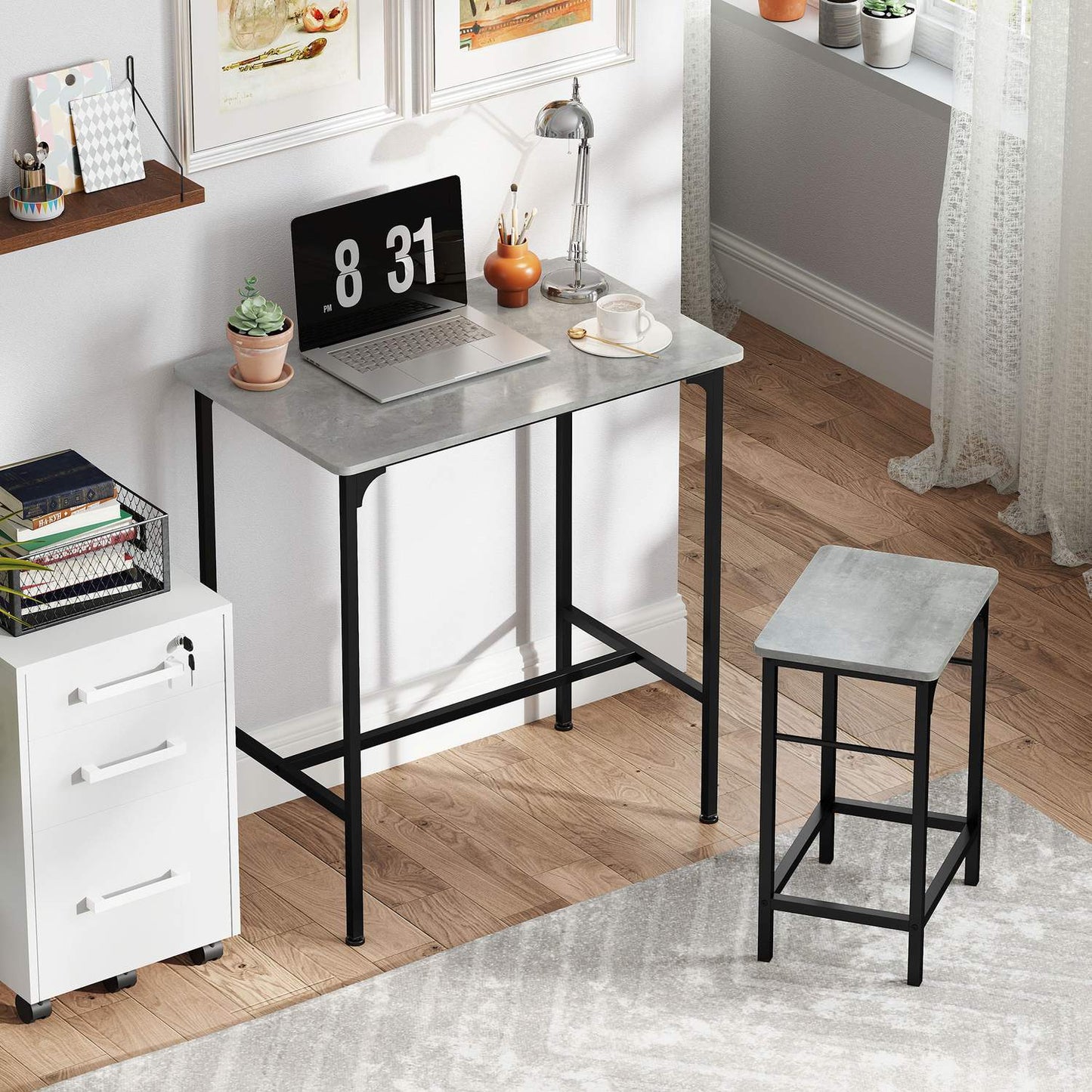 Bar Table Set with 2 Stools, Grey Finish