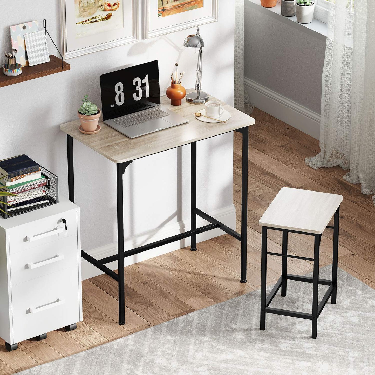 Bar Table Set with 2 Stools, Natural Wood Finish