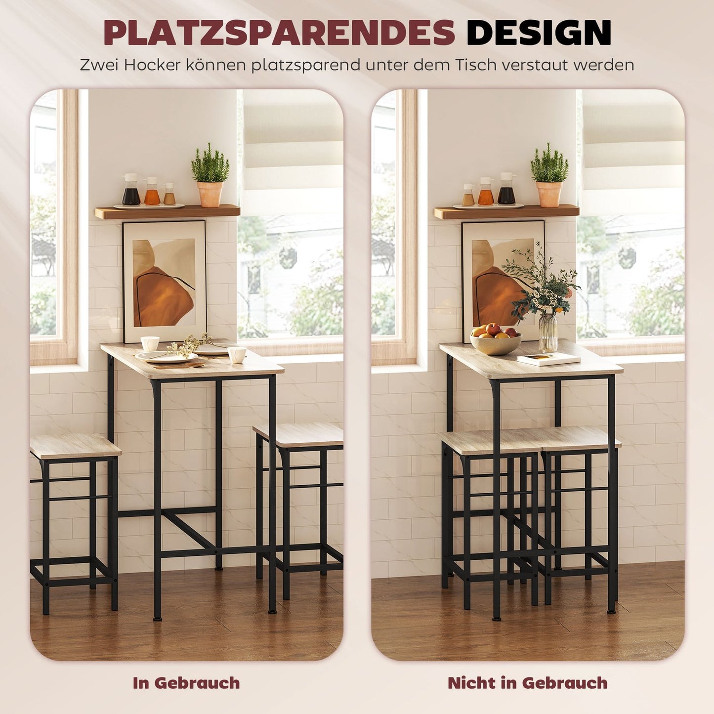 Bar Table Set with 2 Stools, Natural Wood Finish