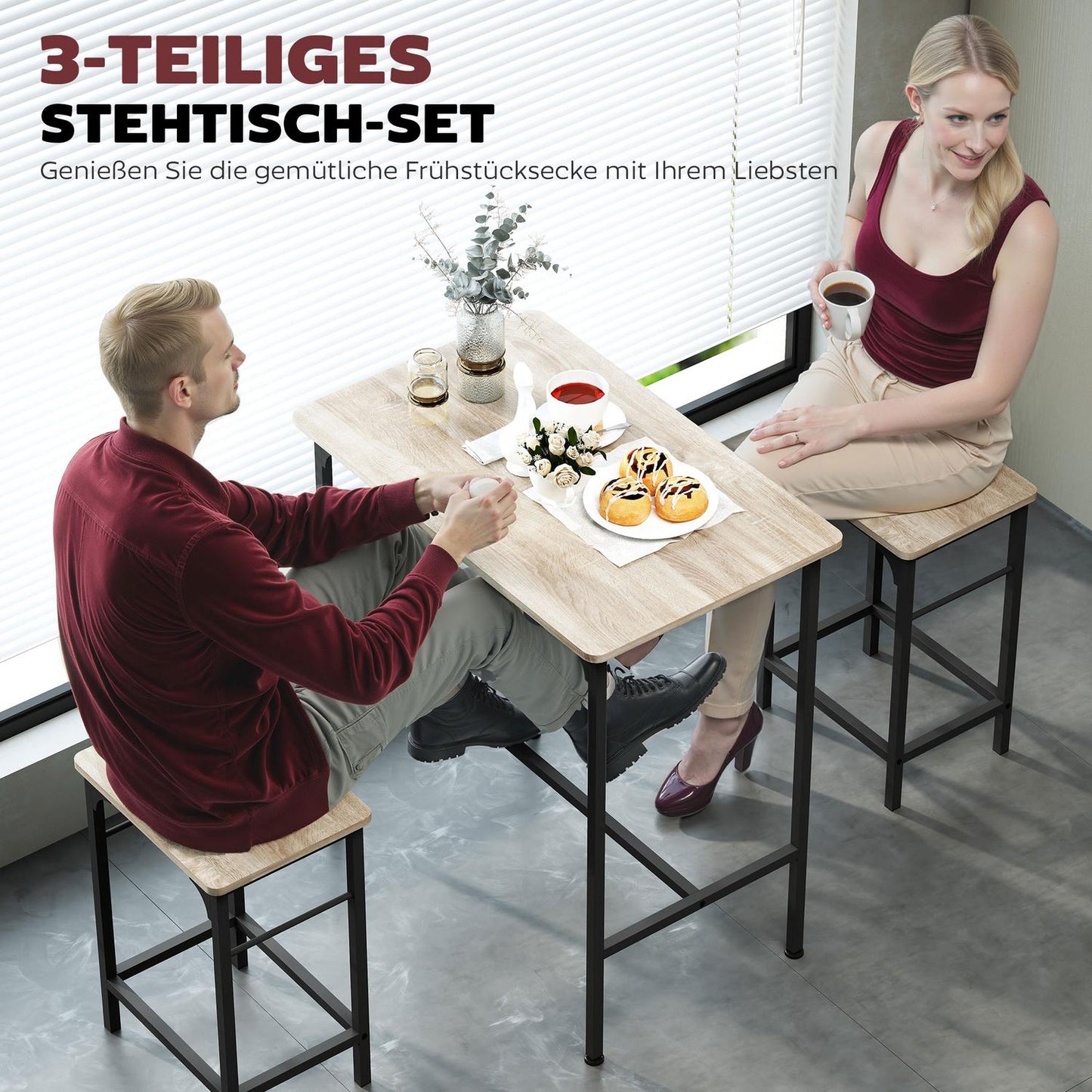 Bar Table Set with 2 Stools, Natural Wood Finish