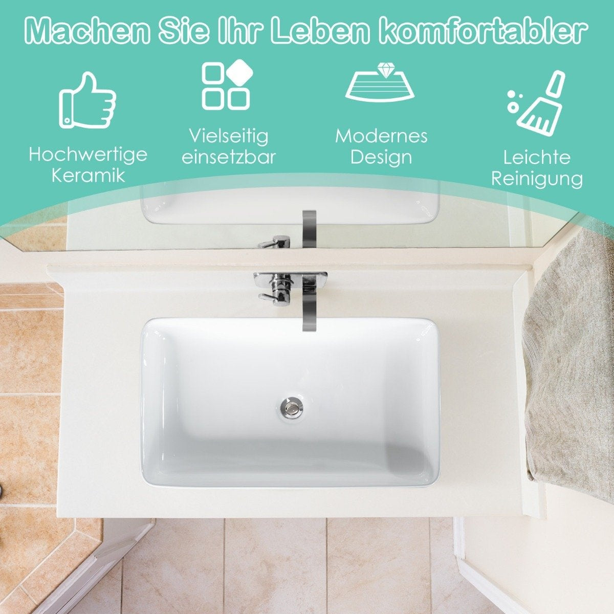 Basin porcelain art basin ceramic basin with pop-up drain 60 x 35 x 11 cm white