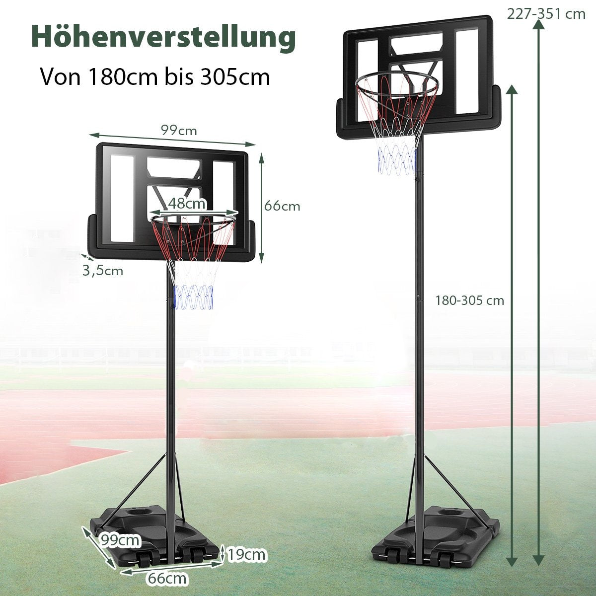 Basketball stand 180-305 cm height adjustable basketball hoop with stand & 2 wheels basket system for children