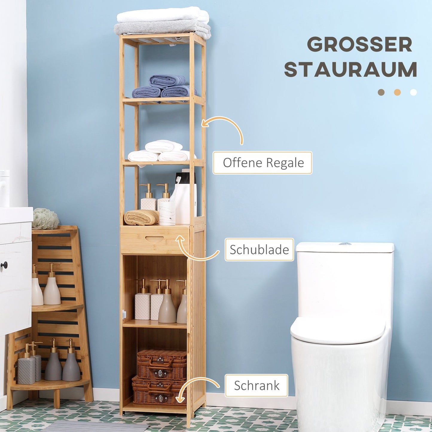 Bamboo bathroom cabinet with drawer and shelves, 32x30x163 cm