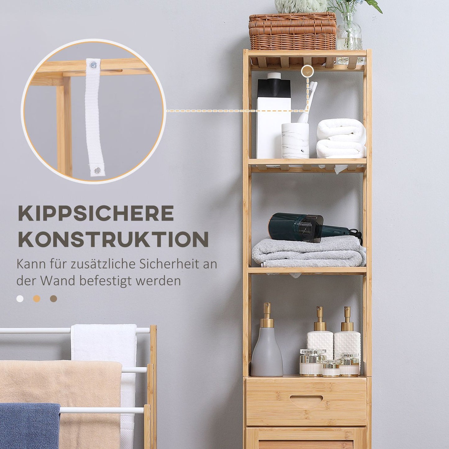 Bamboo bathroom cabinet with drawer and shelves, 32x30x163 cm