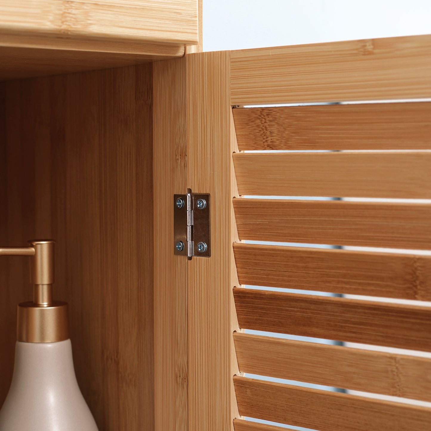 Bamboo bathroom cabinet with drawer and shelves, 32x30x163 cm