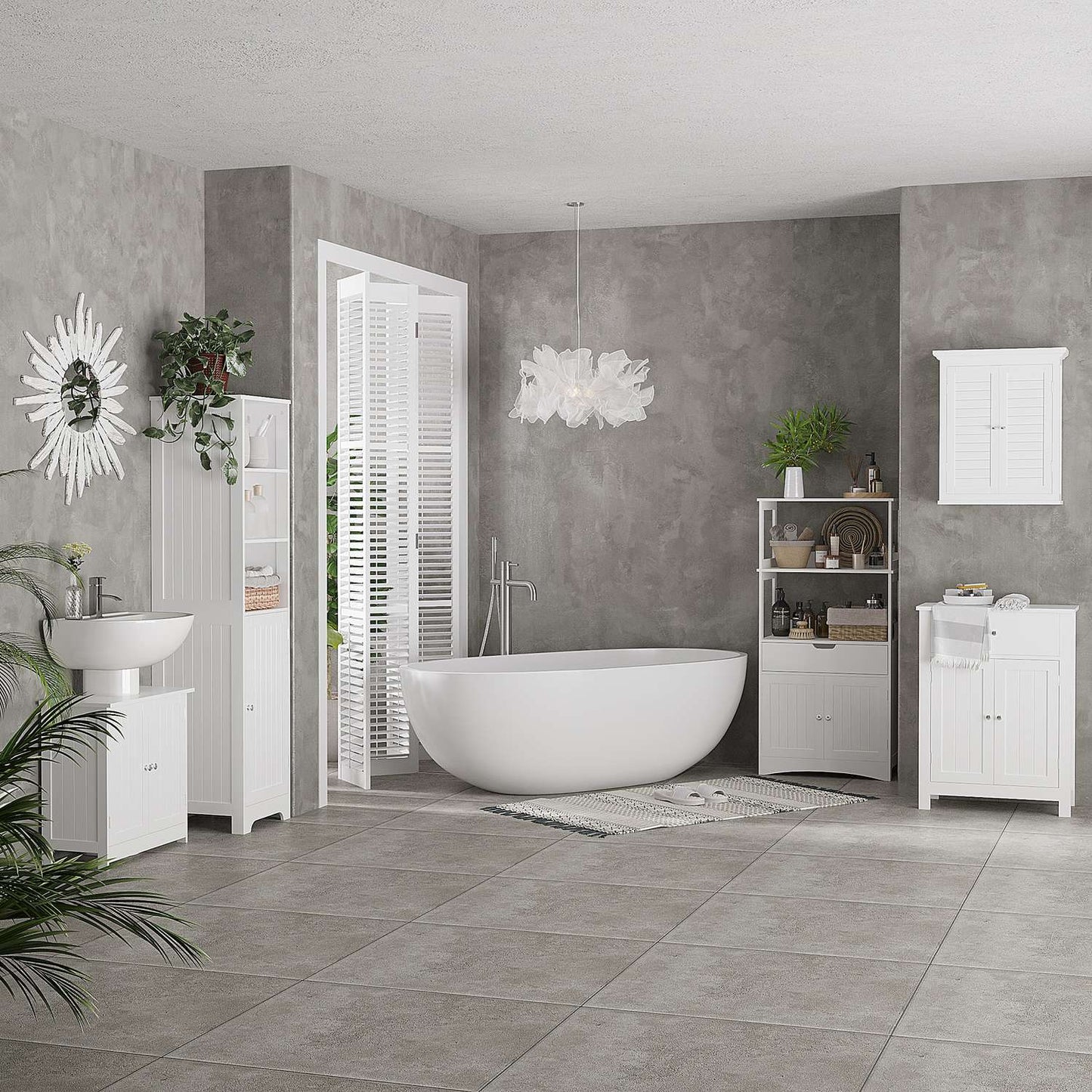 White bathroom storage cabinet, 3 open and 1 closed compartments