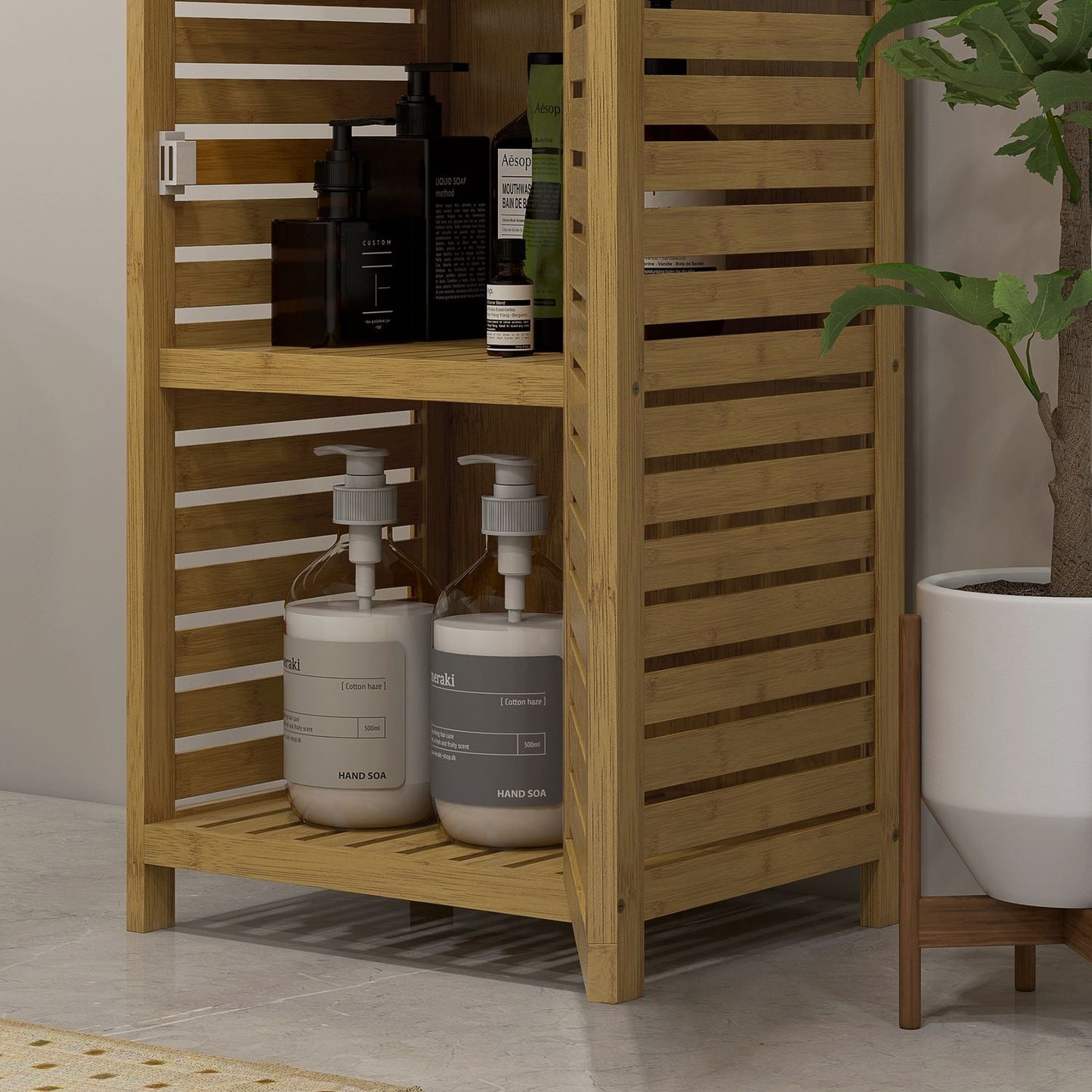Bamboo bathroom cabinet with 3 compartments, tip protection