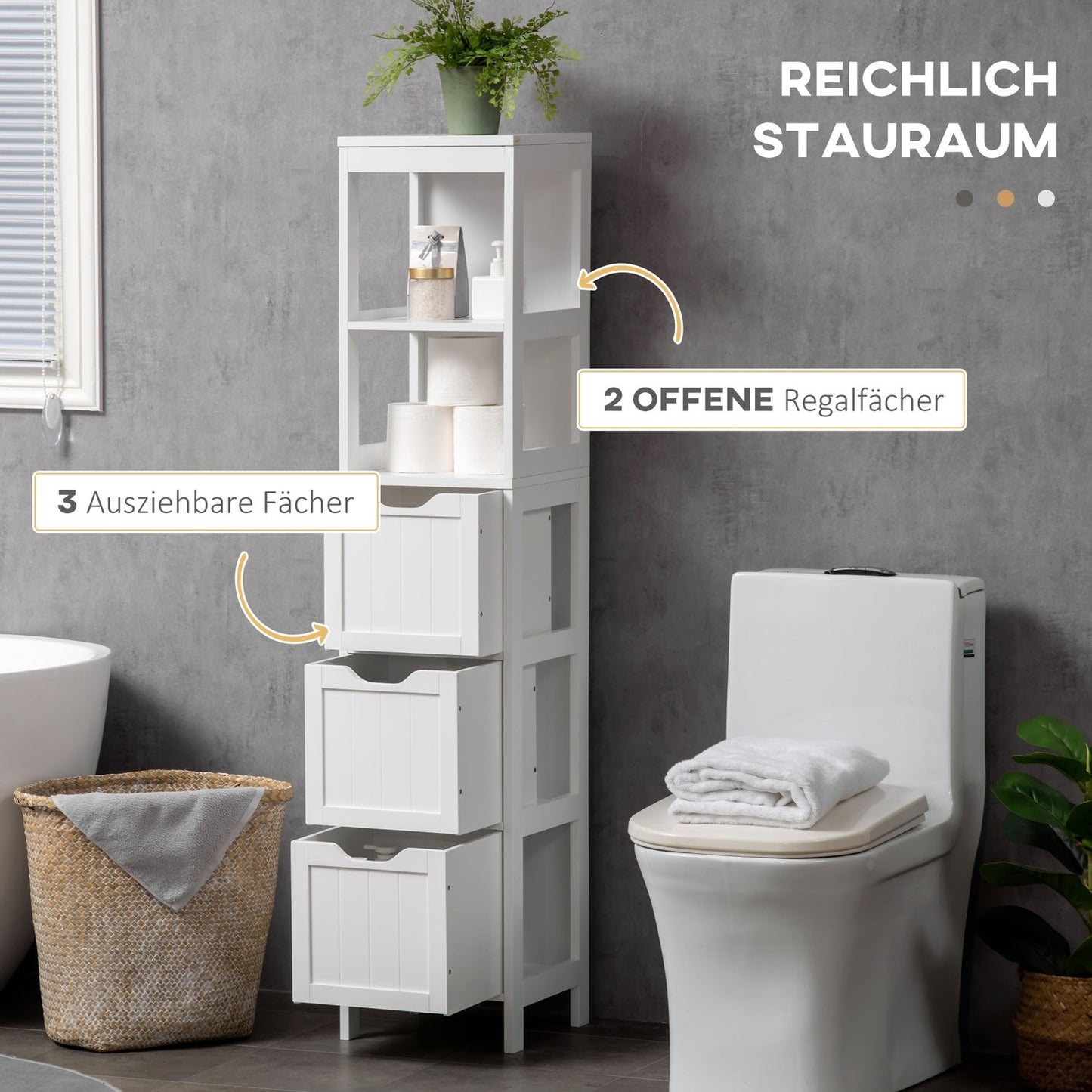 Tall white bathroom cabinet with drawers and shelves