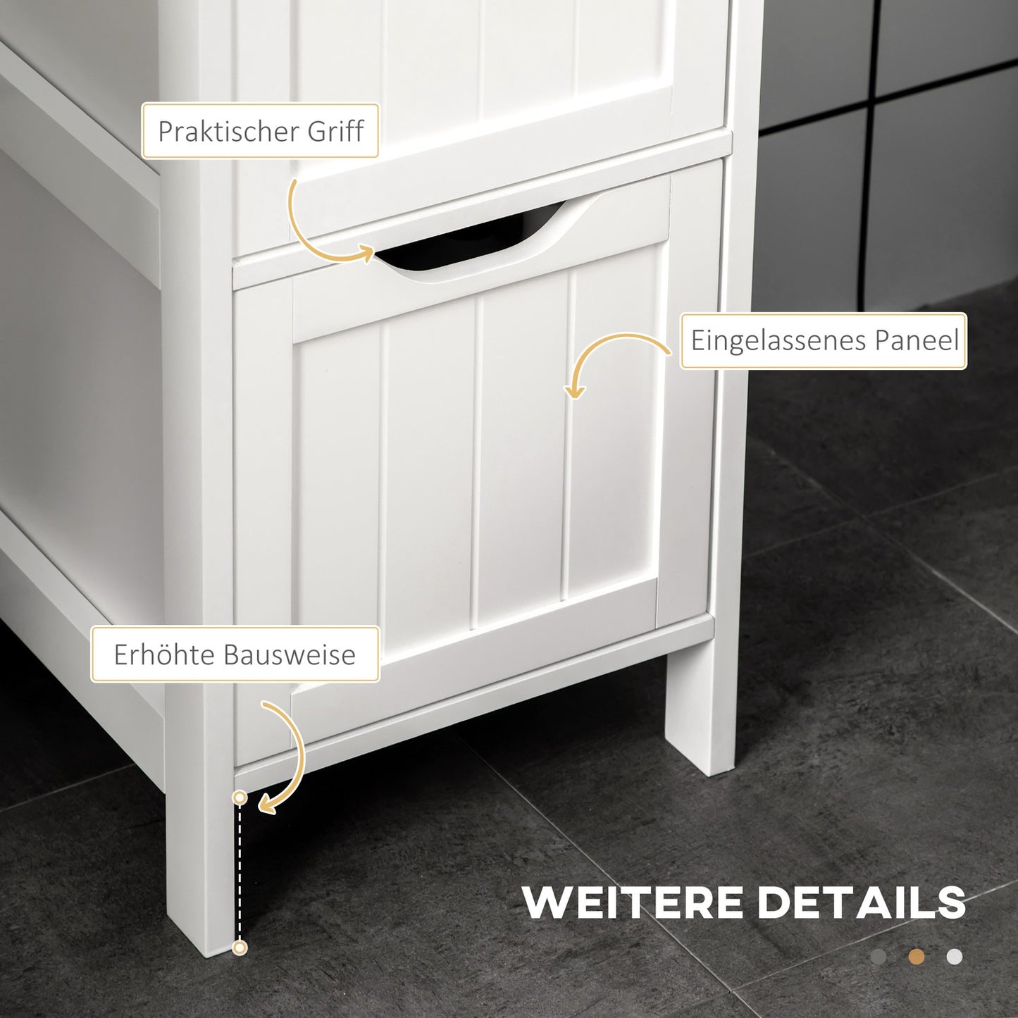 Tall white bathroom cabinet with drawers and shelves