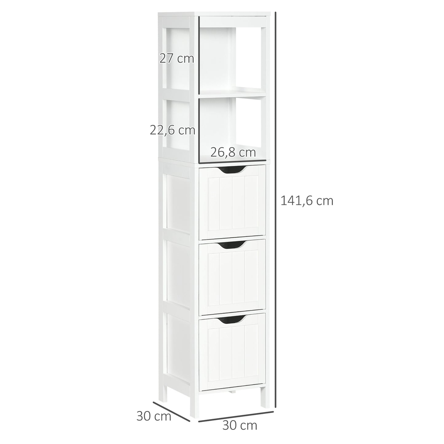 Tall white bathroom cabinet with drawers and shelves