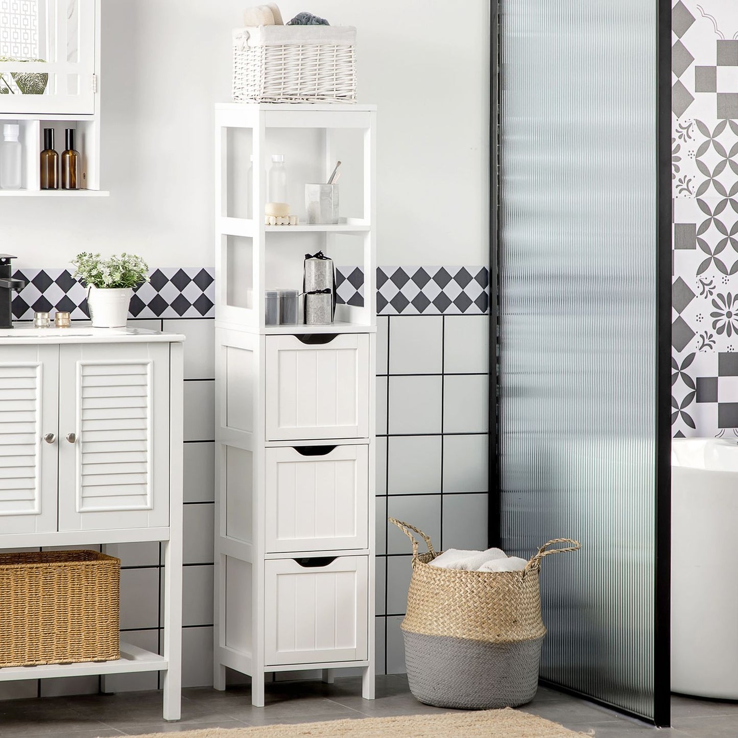 Tall white bathroom cabinet with drawers and shelves