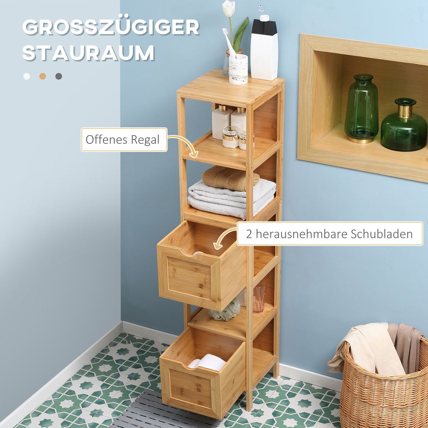 Tall bamboo bathroom cabinet with shelves and drawers