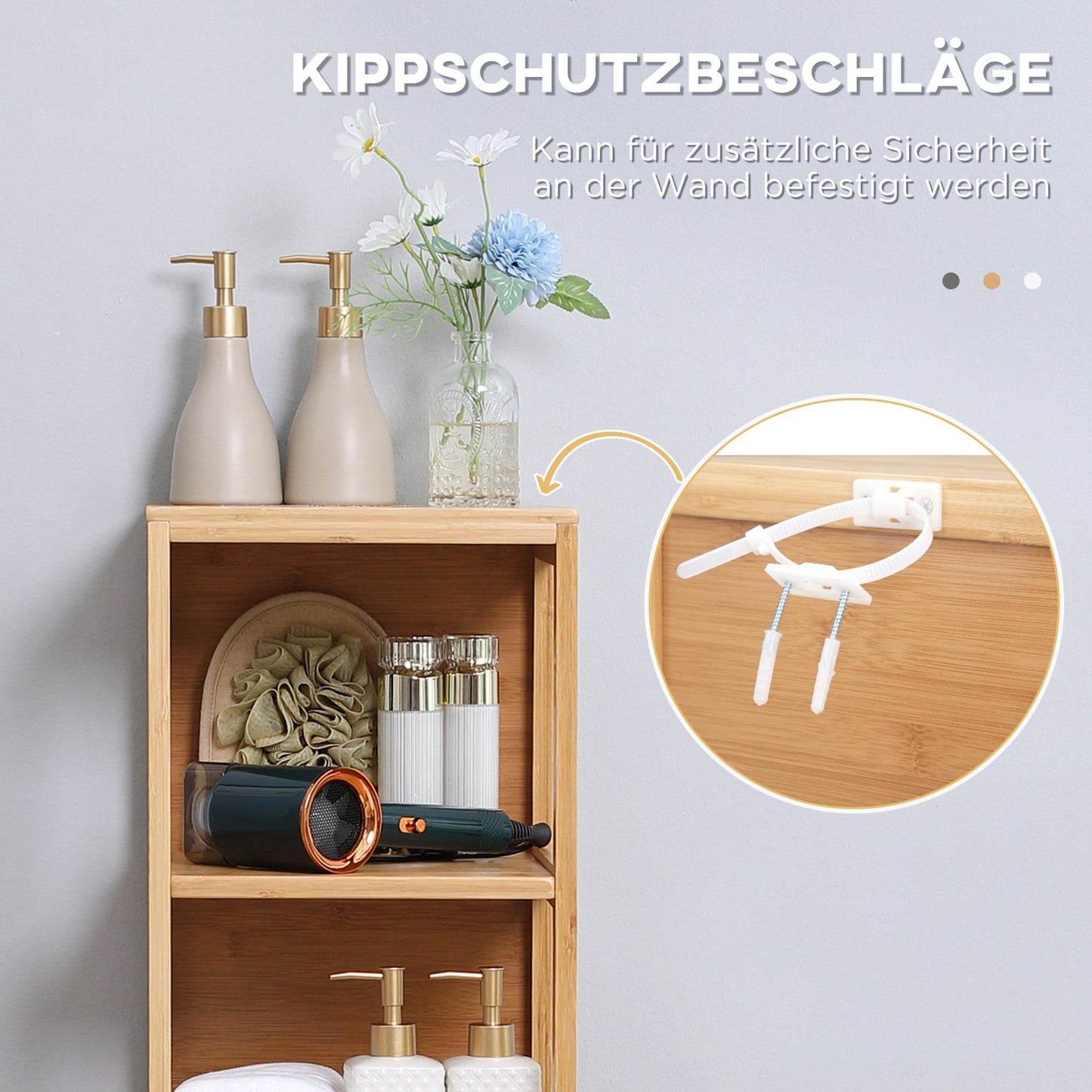 Tall bamboo bathroom cabinet with shelves and drawers