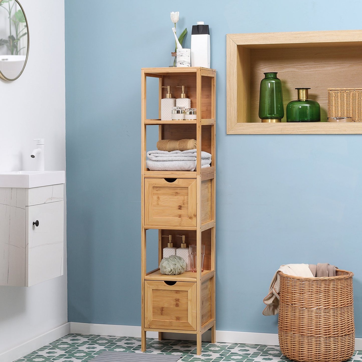 Tall bamboo bathroom cabinet with shelves and drawers