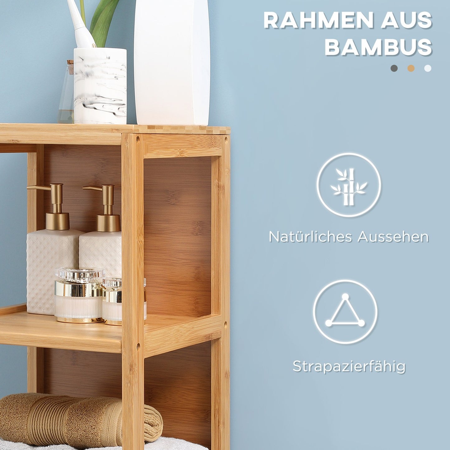 Tall bamboo bathroom cabinet with shelves and drawers
