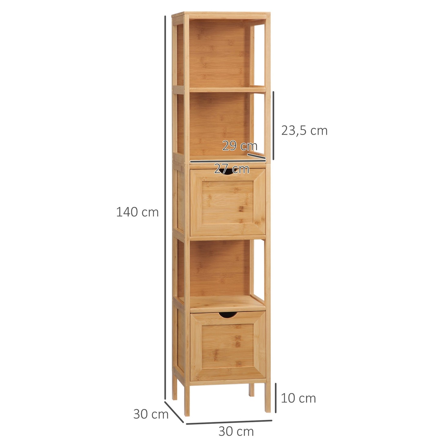 Tall bamboo bathroom cabinet with shelves and drawers