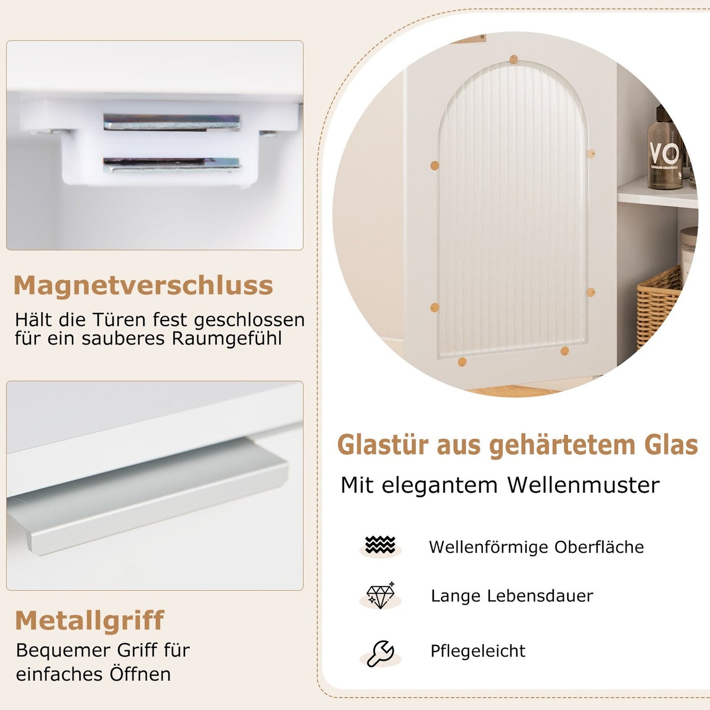 Bathroom Cabinet with Adjustable Shelf & Glass Door, White