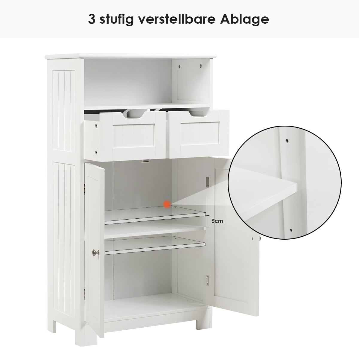 Bathroom Cabinet with Adjustable Shelves, White MDF, 3 Levels