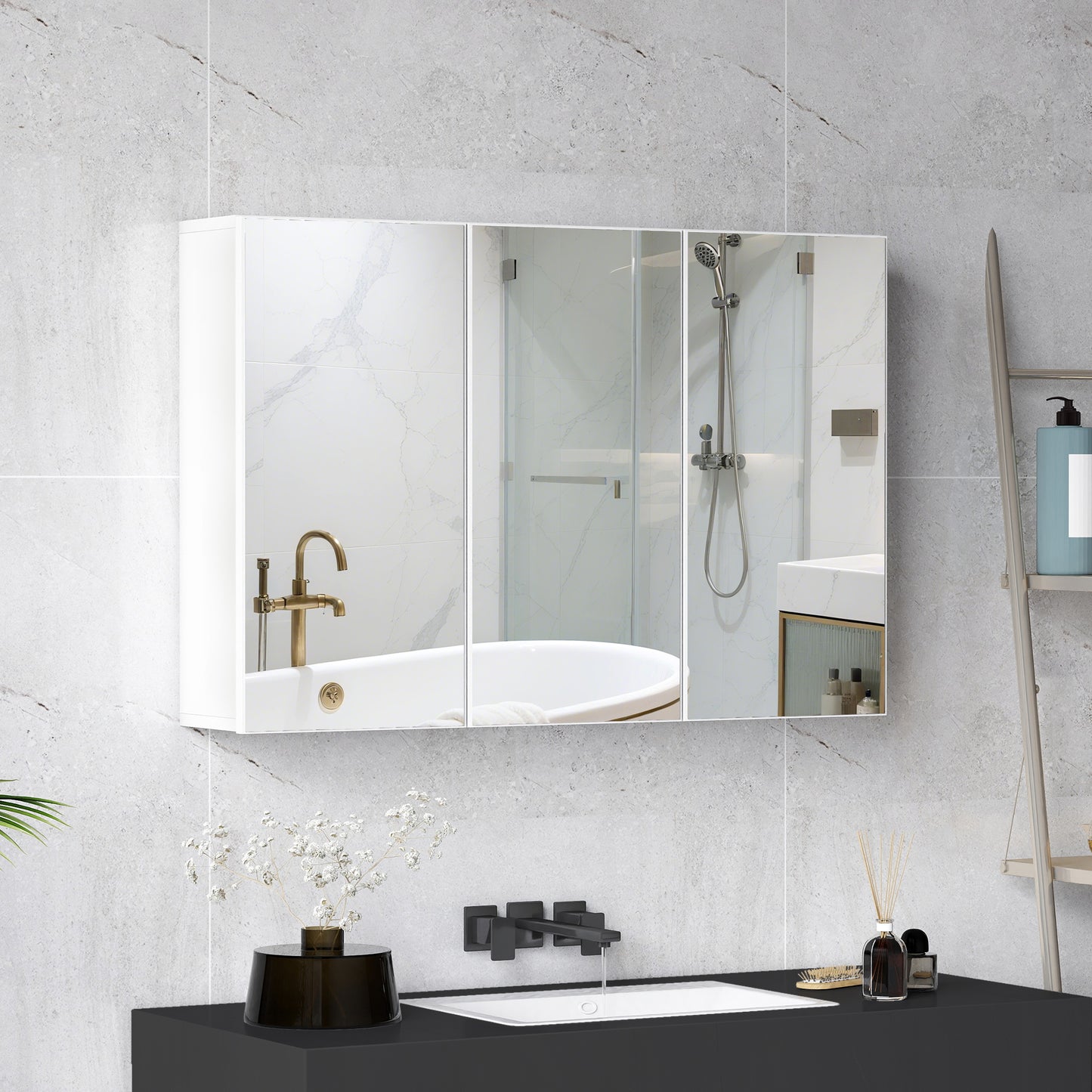 Bathroom Mirror Cabinet, 3 Doors, Wall-Mounted, White, 90x15.5x60 cm