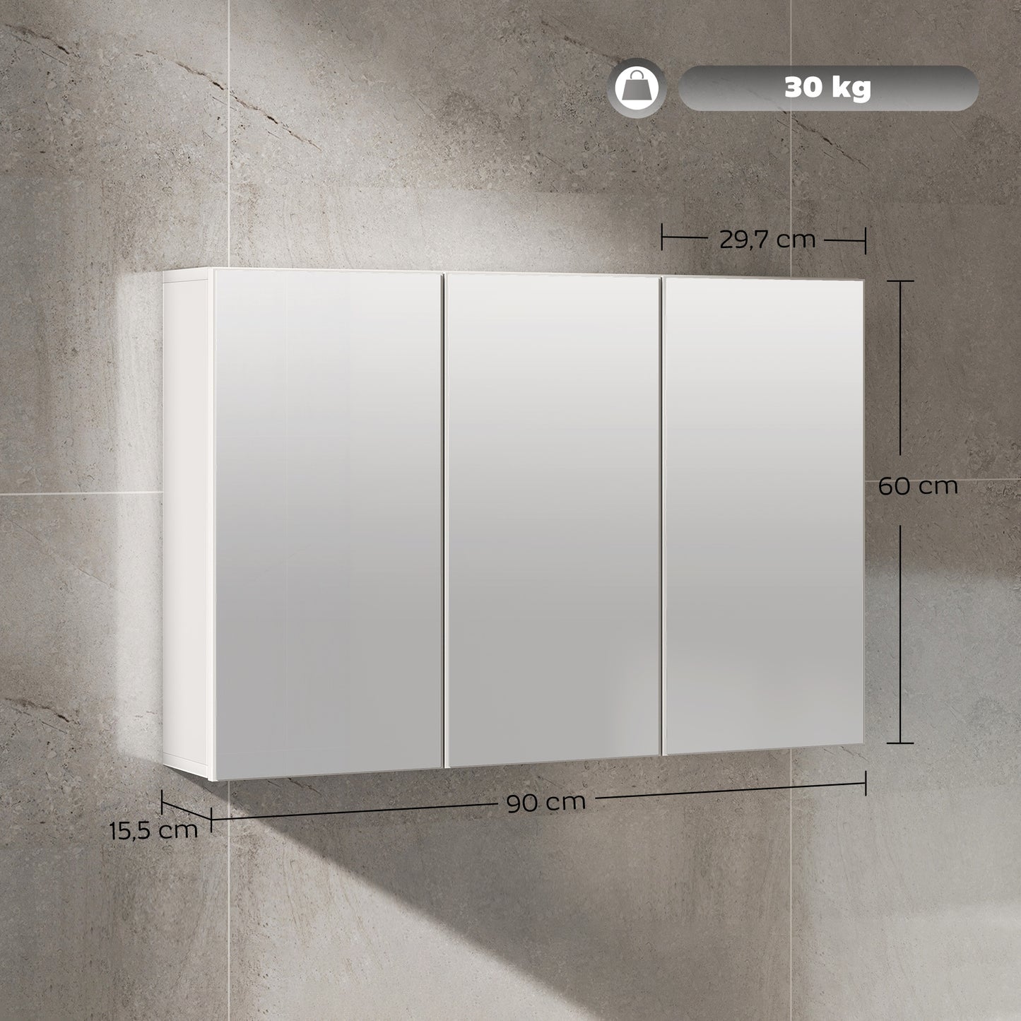 Bathroom Mirror Cabinet, 3 Doors, Wall-Mounted, White, 90x15.5x60 cm